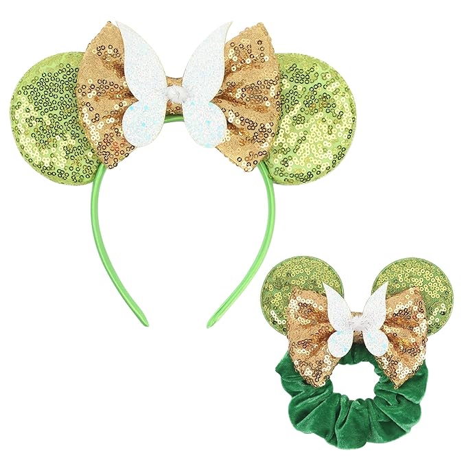 zhezesmila Mouse Ears Headband with Tinkerbell Scrunchies Sequin Ears Headband Party Costume Hair Accessories Headwear Decoration for Women