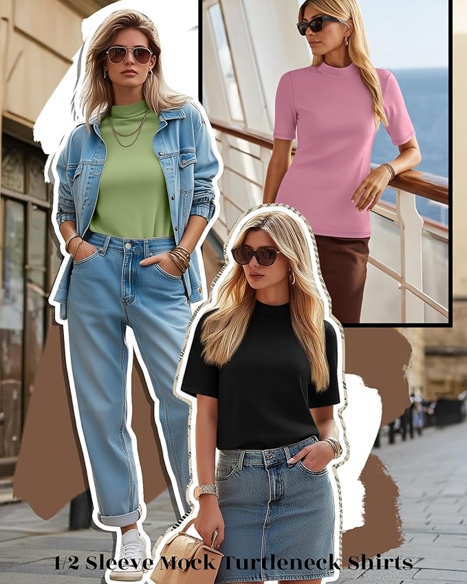 Ficerd 3 Pack Women's 1/2 Sleeve Mock Turtleneck Shirts, Elbow Length Shirt Half Sleeve Tunic Top Casual Summer Basic Tees