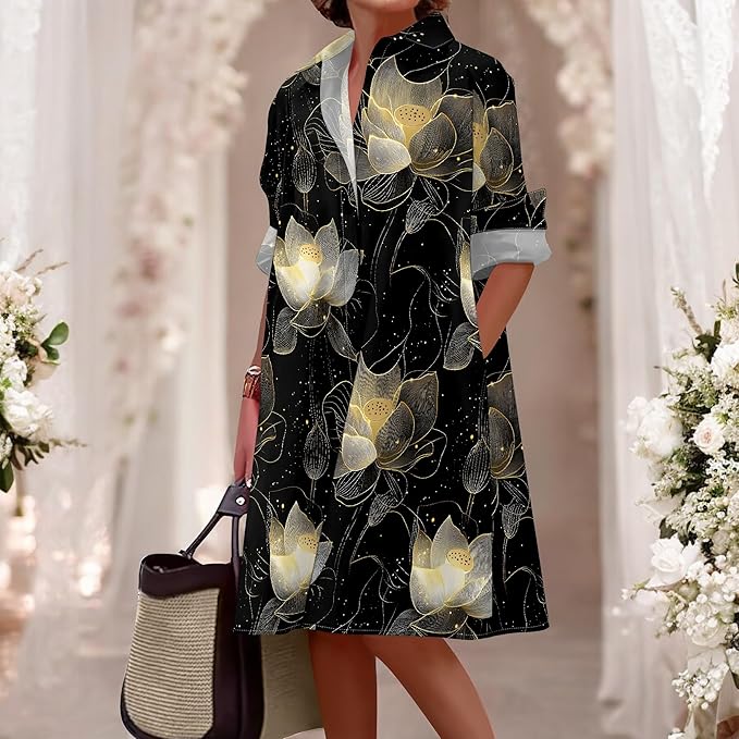 Shirt Dresses for Women 2025 Summer Long Sleeve Casual Plus Size Floral Printed Beach Vacation Dress with Pockets