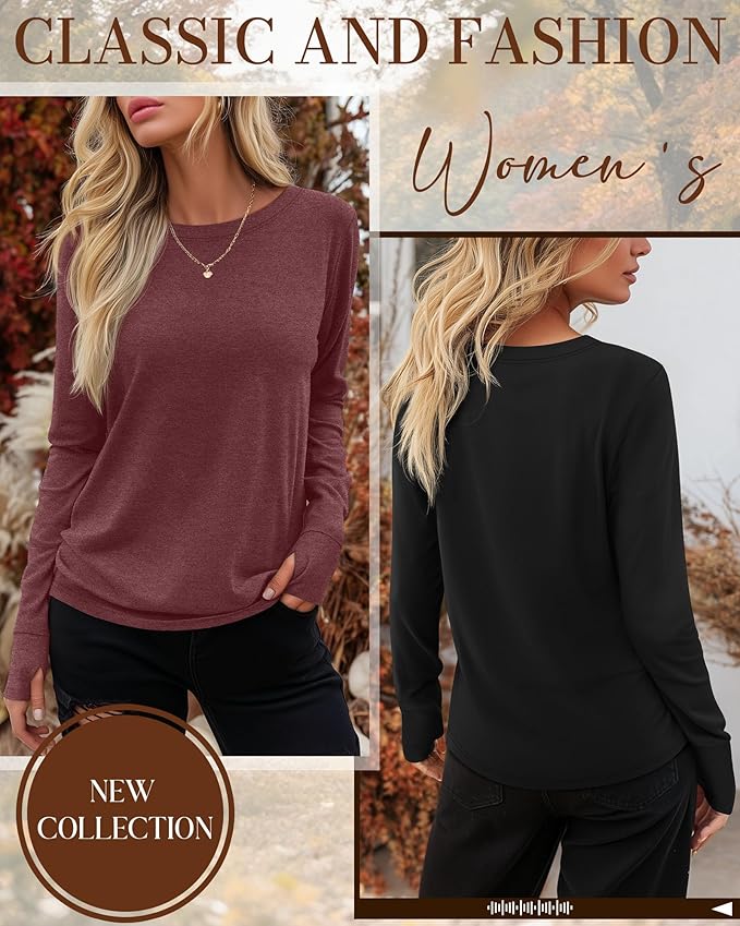 Huukeay 3 Pack Women's Long Sleeve Shirts with Thumb Holes, Cotton Casual Crew Neck Tunic Tops Fall Loose Y2k Trendy Outfits
