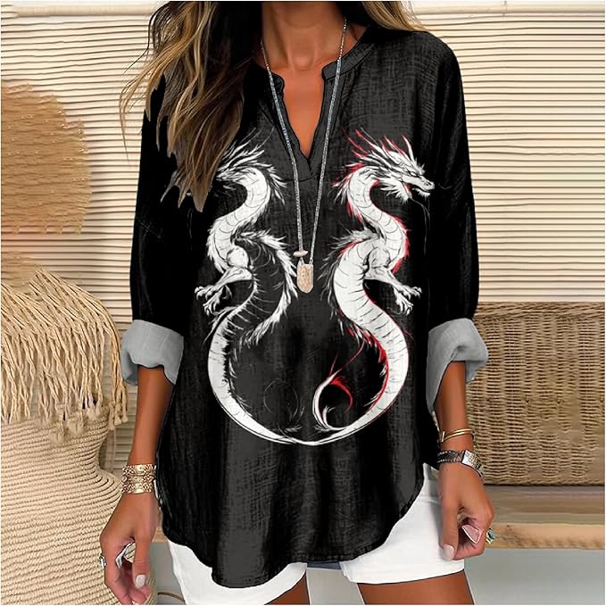 MARSVOVO V Neck Shirt For Women Boho Multi Style Blouse Long Sleeve Novelty Graphic Plus Size Pullover Tops For Women
