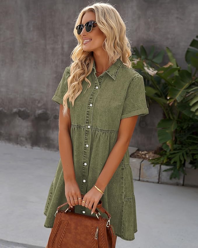 LookbookStore Women's Short Sleeve Button Down Flowy Tiered Babydoll Denim Dress