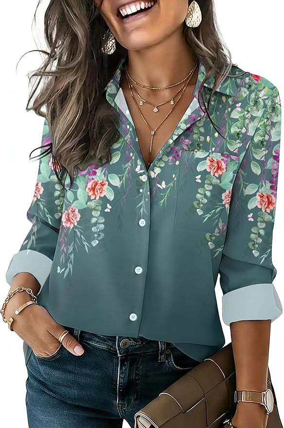 HOTOUCH Button Down Shirts for Women Long Sleeve Blouse Dressy Casual Business Work Tops with Pocket