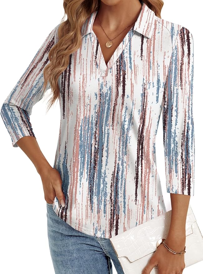 3/4 Length Sleeve Womens Tops Dressy Casual V Neck Polo Shirts Business Work Blouses 2025 Trendy Tunic Top