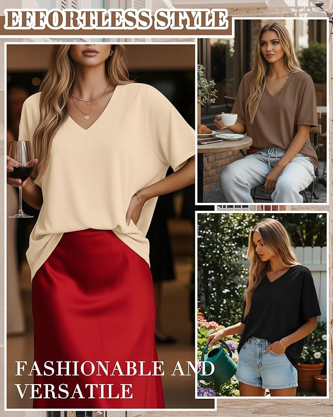Huukeay Women's Cotton Oversized T Shirts 3 Pack V Neck Loose Fit Half Sleeve Tops Baggy Casual Summer Gym Workout Tees 2026