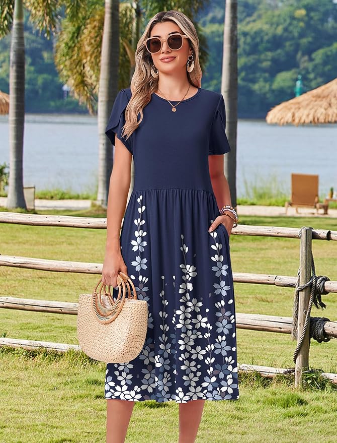 HOTOUCH Women's Summer A-Line Midi Dresses 2026 Casual Floral Short Sleeve T-Shirt Dress Flowy Beach Sundress with Pockets