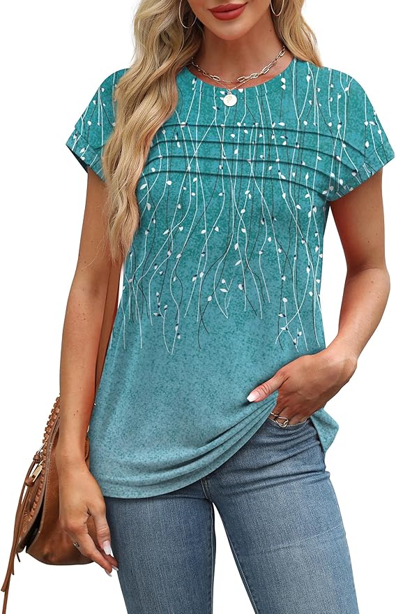 WEESO Womens Summer Tops Trendy 2026 Cap Sleeve T Shirts Crew Neck Pleated Front Beach Vacation Clothes Fashion