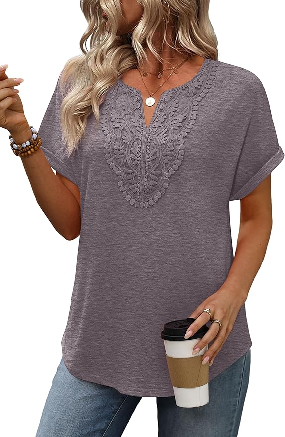 Sipaya Womens Blouses Dressy Casual Summer Shirts Short Sleeve Lace Front Boho Tunic Tops for Leggings Fashion Clothes