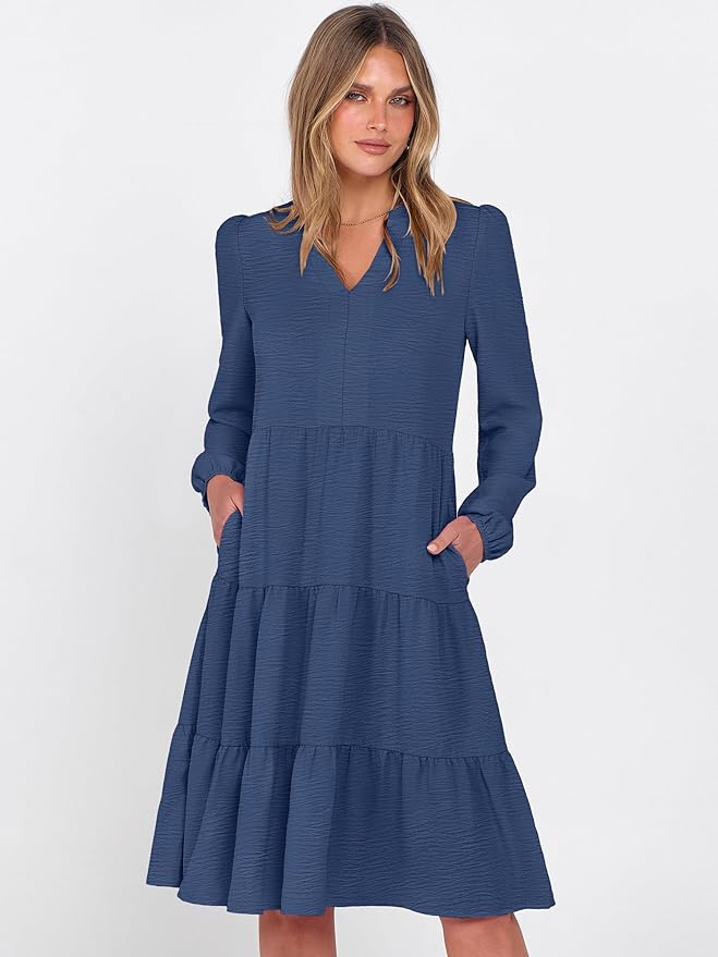 ANRABESS Womens Fall Midi Dresses Long Sleeve V Neck Swing Tiered Work Business Casual 2026 Flowy Beach Vacation Dress