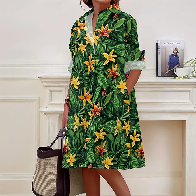 Shirt Dresses for Women 2025 Summer Long Sleeve Casual Plus Size Floral Printed Beach Vacation Dress with Pockets