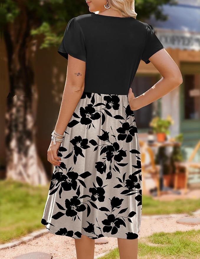 Zeagoo Womens Midi Dress Summer Short Sleeve Dress with Pockets 2025 Casual Floral T-Shirt Dress Flowy Beach Sundress