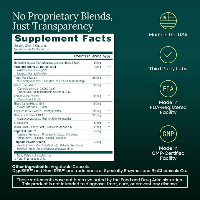 Colon Cleanse + GLP-1 Support Supplement for Weight Loss & Energy - Appetite Suppressant and Fat Burner w Berberine, Yerba Mate, Psyllium Husk, Senna Leaf, Lemon, Black Garlic, Digestive Broom & Flush