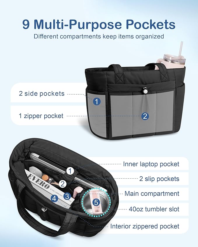 TOPDesign Puffy Tote Bag for Women with Cup Holder & Laptop Compartment & Cosmetic Bag & Trolley Sleeve for Work, Travel