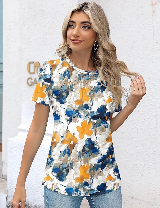 Kistore Womens Casual Crew Neck Short Sleeve Pleated Tops Blouses Fashion Clothes 2026