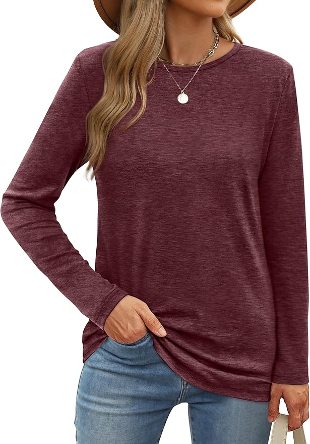 XIEERDUO Long Sleeve Shirts for Women Casual Crew Neck Basic Fall Tops Loose Fit Comfy
