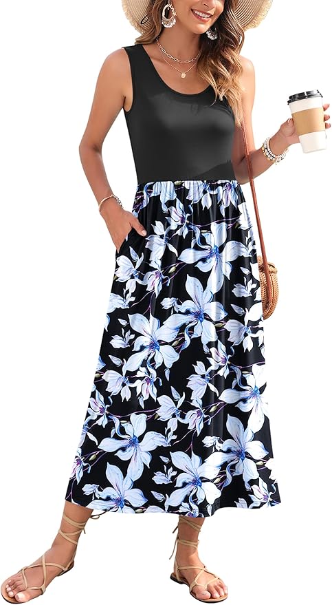 WNEEDU Women's Summer Maxi Dress 2026 Casual Sleeveless Hawaiian Sundress Tropical Long Dress Beach Vacation Outfit