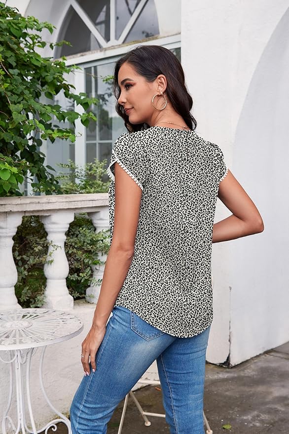 TASAMO Women's Casual Round Neck Basic Pleated Top Cap Sleeve Curved Keyhole Back Chiffon Blouse