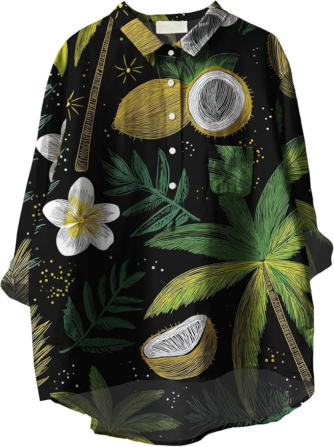 Womens Boho Tops 3/4 Long Sleeve Floral Blouses Hawaii Beach Button Down Shirts V Neck Pullover Casual Tunics