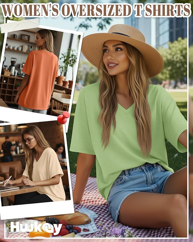 Huukeay Women's Cotton Oversized T Shirts 3 Pack V Neck Loose Fit Half Sleeve Tops Baggy Casual Summer Gym Workout Tees 2026