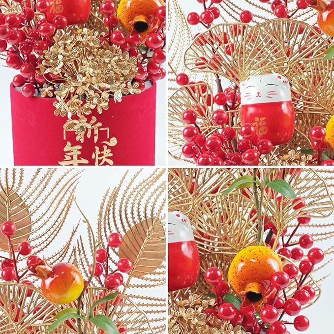 LOONELO Chinese New Year Artificial Flower Fu Bucket, 2025 Spring Festival Table Centerpiece Ornament Pot Desktop Decorations for Asian Vietnamese Korea Zodiac Snake Lunar New Year Home Office Store