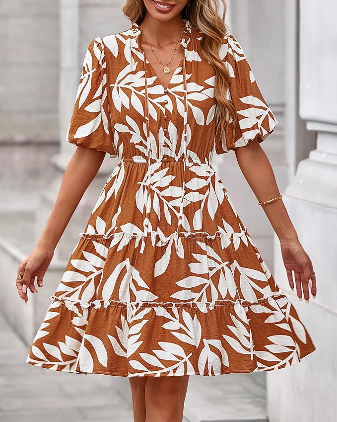 BTFBM Women Summer Floral Short Dresses V Neck Short Sleeve Tiered Ruffle Boho Swing Dress A-Line Mini Dresses
