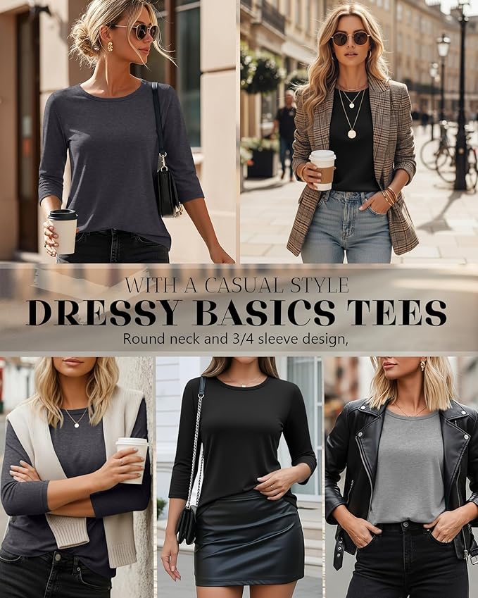 Ficerd 3 Pack 3/4 Sleeve Tops for Women Round Neck Dressy Basics Tees Casual Trendy Loose Fit T Shirts