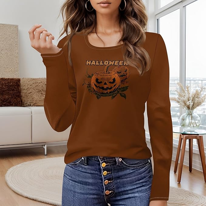 domirica Halloween Sweatshirts For Women Cute Pullover Fall Long Sleeve Pullover U-Neck Halloween Crazy Party Club Clothes