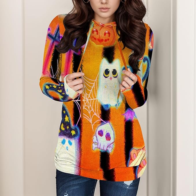 domirica Halloween Sweatshirts For Women Long Sleeve Spooky Graphic Sweatshirts Pumpkin Pullover Halloween Party Club Wear