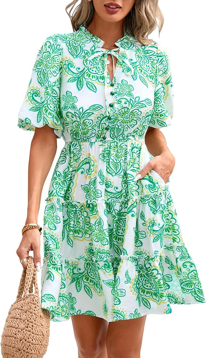 BTFBM Women Summer Floral Short Dresses V Neck Short Sleeve Tiered Ruffle Boho Swing Dress A-Line Mini Dresses