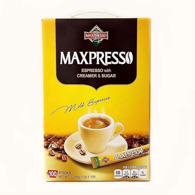 Maxpresso 3 in 1 Korean Instant Coffee Mix - Single Serve Sticks 100 Packets with Creamer and Sugar Premium Hot or Iced Coffee Blend Rich Flavor