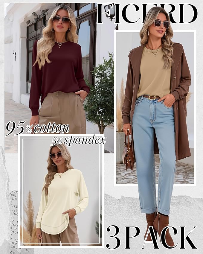 Ficerd 3 Pack Women's Long Sleeve Shirts, Cotton Crew Neck Tunic Tops Casual Loose Fit Pullover Sweatshirts Curved Hem Shirts