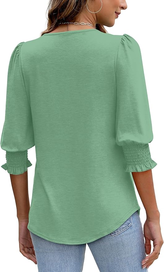 XIEERDUO Blouses for Women Dressy Casual 3/4 Length Sleeve Womens Tops with Smocked Cuffs