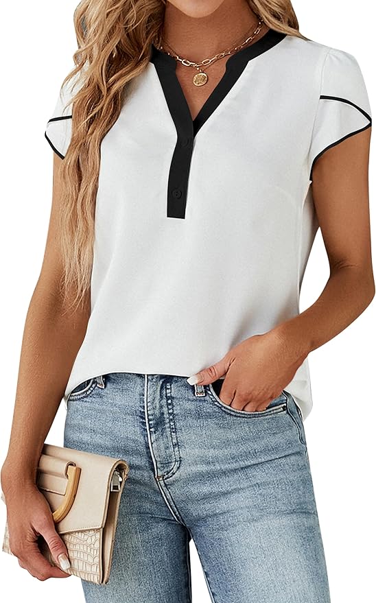 Blooming Jelly Women's Dressy Casual Tops Business Work Blouses White Button Down Shirts Cap Sleeve V Neck Tshirt