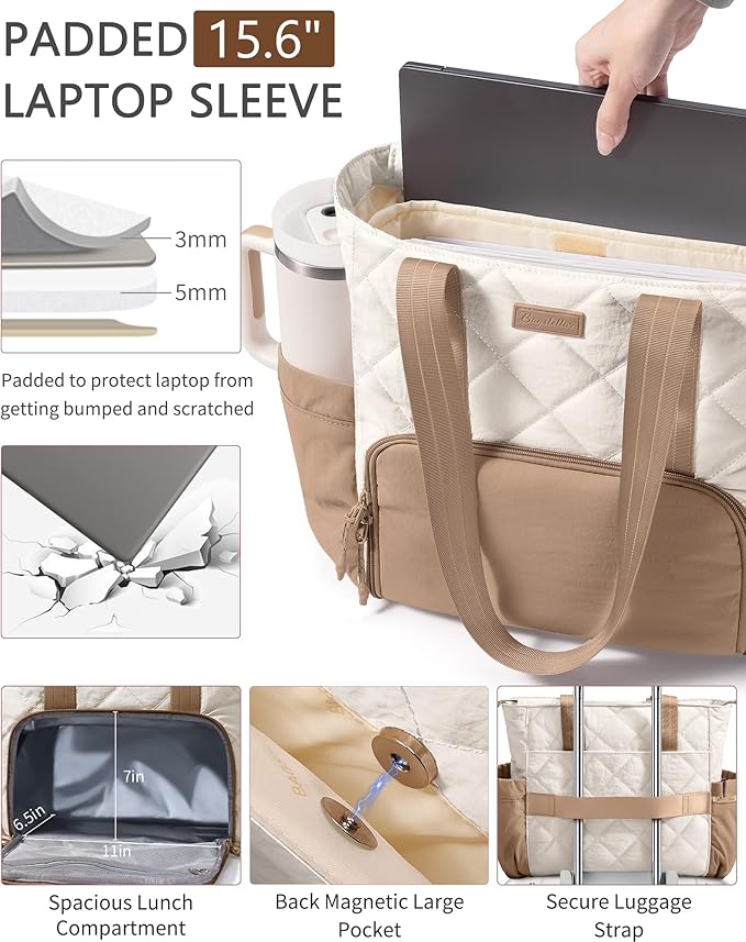 Puffer Lunch Tote Bag for Women, 15.6 Inch Laptop Work Bag with Insulated Lunch Compartment & Large Cup Holder, Lightweight Quilted Puffy Lunch Box Purse for Teacher Nurse Travel Office Daily School