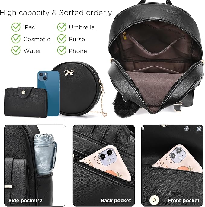 I IHAYNER Mini Backpack Purse for Teen Girls 3-PCS Fashion Backpack Cute Travel Daypacks Women Pompom Backpack Shoulder Bag