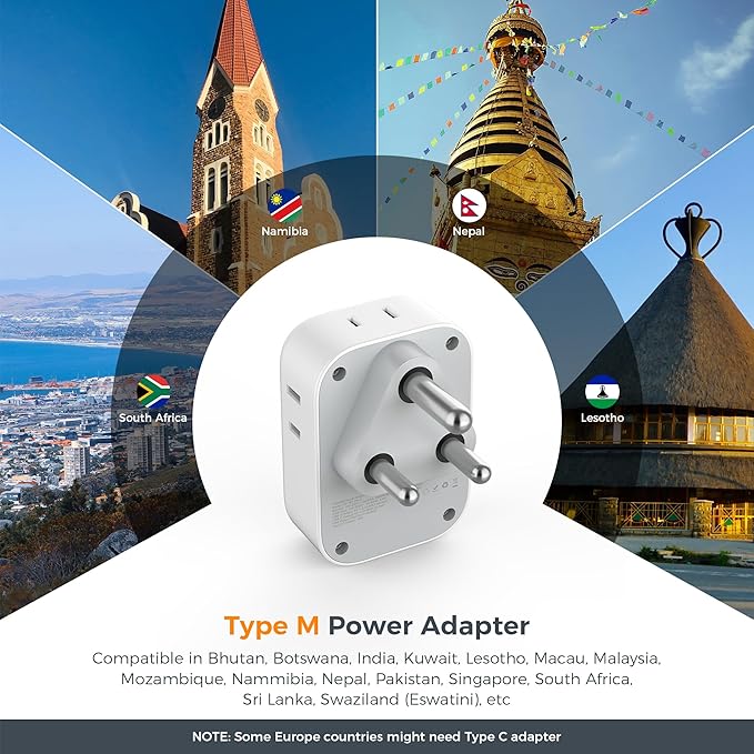 South Africa Plug Adapter 2 Pack, TESSAN Type M Power Adapter with 4 AC Outlets 3 USB Ports(1 USB C), Travel Adaptor US to Botswana Namibia Nepal Bhutan