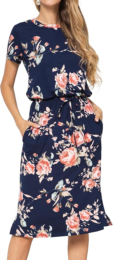 Simier Fariry Womens Spring Hide Belly Knee Length Travel Dress Pocket Summer Short Sleeve Midi Work Casual Outfits