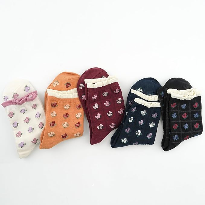 Kikiya Women's Cotton Crew Socks - Cute Flower Graphic Polka Dot Striped Heart Patterned - Ladies Girls Casual Socks Size 6-8