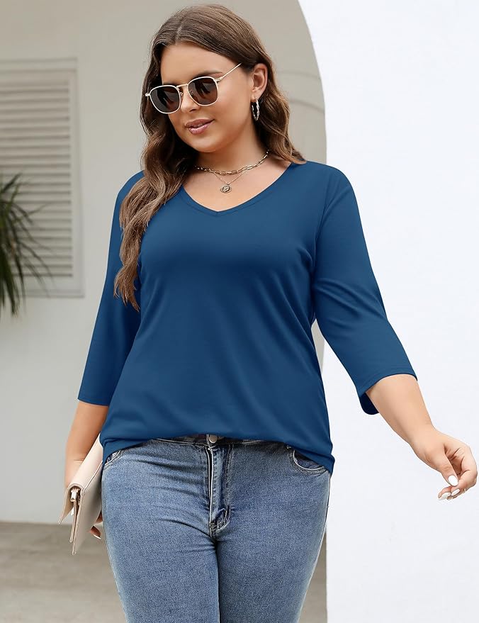 TFSDOD Womens Plus Size Tops V Neck T Shirts 3/4 Sleeve Blouse Summer Casual Tees XL-5X