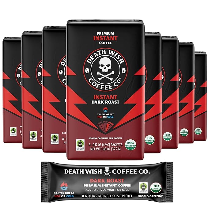 Death Wish Coffee Instant Dark Roast Coffee Packets, Bold & Intense Blend of Arabica & Robusta Beans, USDA Organic, 64 Count