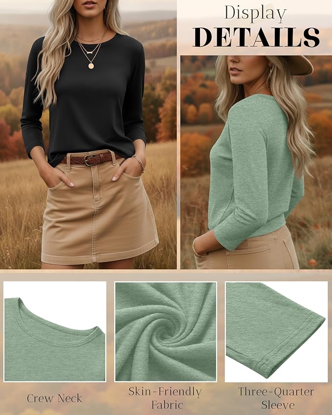Ficerd 3 Pack 3/4 Sleeve Tops for Women Round Neck Dressy Basics Tees Casual Trendy Loose Fit T Shirts