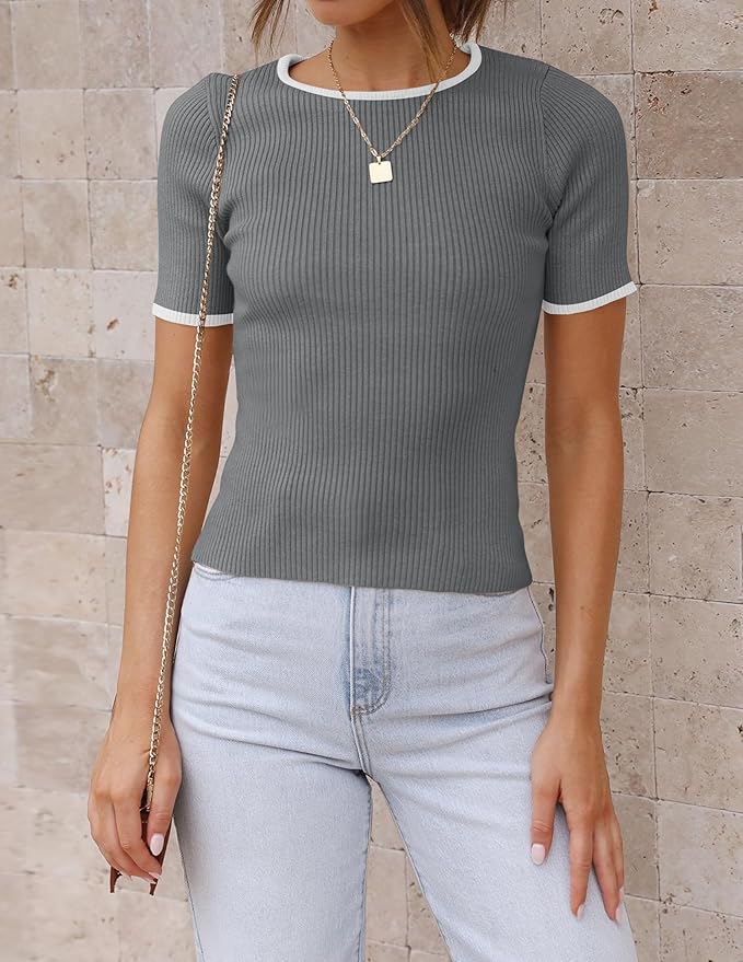ZESICA Women's Short Sleeve Sweater Tops 2026 Summer Crewneck T Shirt Ribbed Knit Slim Fit Basic Solid Color Tee