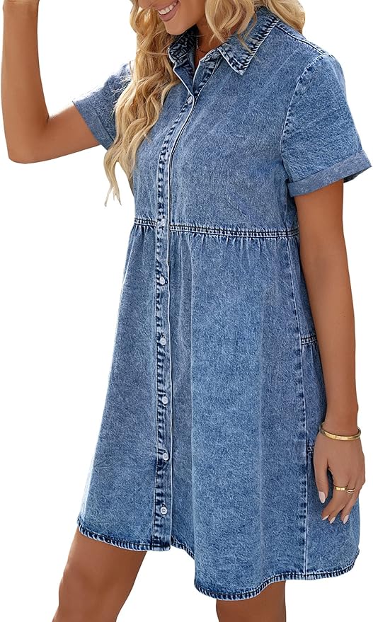 LookbookStore Women's Short Sleeve Button Down Flowy Tiered Babydoll Denim Dress
