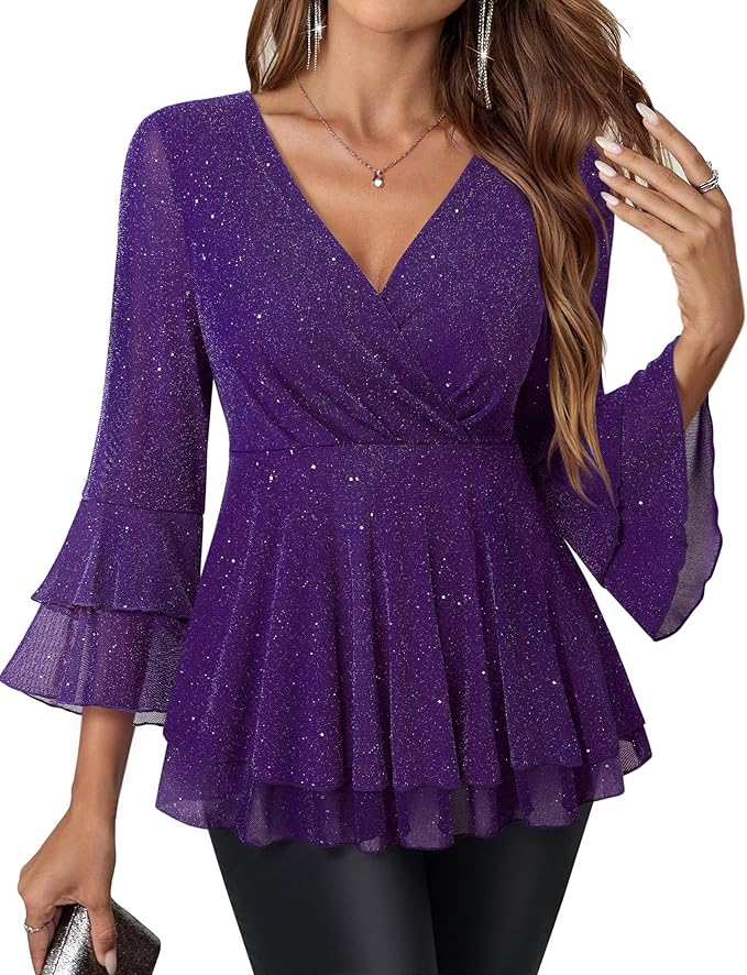 Lotusmile Women's Dressy Blouses Ruffle 3/4 Sleeve Peplum Sparkly Tops