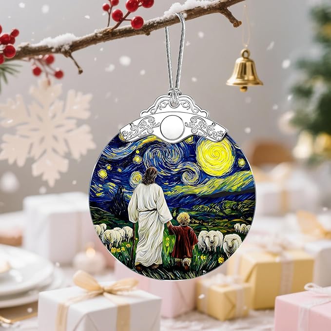 Jesus & Child Starry Night Stained Glass Ornament – Religious Christmas Ornament, Christian Christmas Decoration, Religious Gifts for Her or Him, Gifts for Christians, Friends or Loved Ones