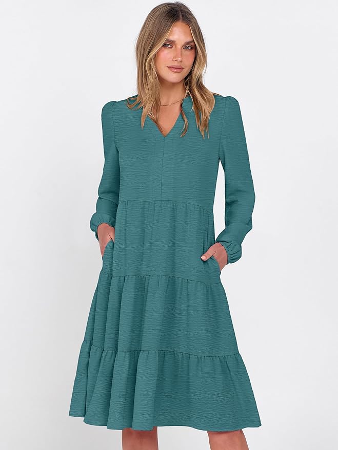 ANRABESS Womens Fall Midi Dresses Long Sleeve V Neck Swing Tiered Work Business Casual 2026 Flowy Beach Vacation Dress