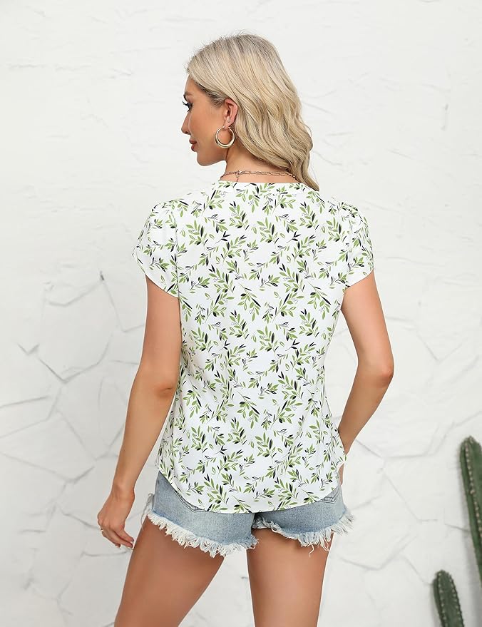 Blooming Jelly Women's Dressy Casual Tops Business Work Blouses White Button Down Shirts Cap Sleeve V Neck Tshirt