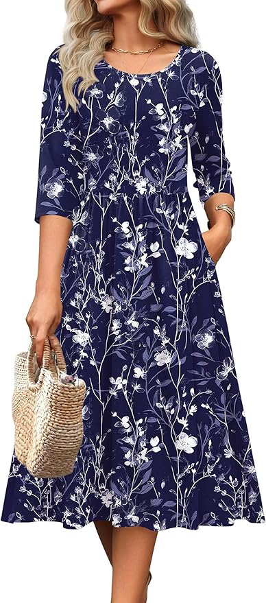 Zeagoo 3/4 Sleeve Women's Dress Casual Flowy A-Line Midi Tshirt Dresses with Pockets Crewneck Vocation Boho Beach Sundress
