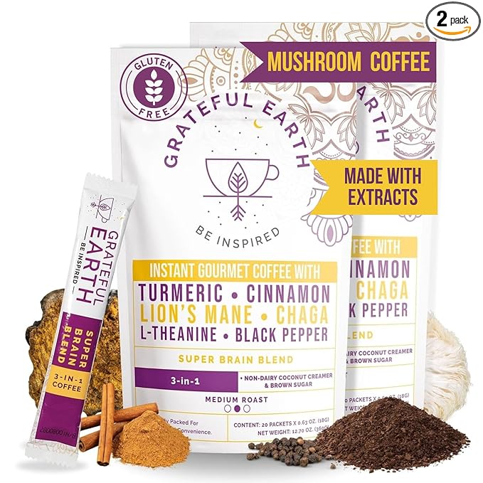 Grateful Earth Mushroom Coffee, Coconut Instant Coffee with Cinnamon, Turmeric, Lion’s Mane Mushrooms, L-Theanine, Chaga, Super Brain Blend, Energy & Immune Support, Dairy & Gluten Free, 2 Bags, 40 Ct