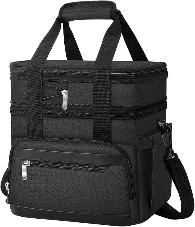 Insulated Lunch Box for Men & Women - Double Layer Leakproof Lunch Bag with Adjustable Shoulder Strap, Expandable Food Cooler for Work, Office, Travel, Camping (Black)